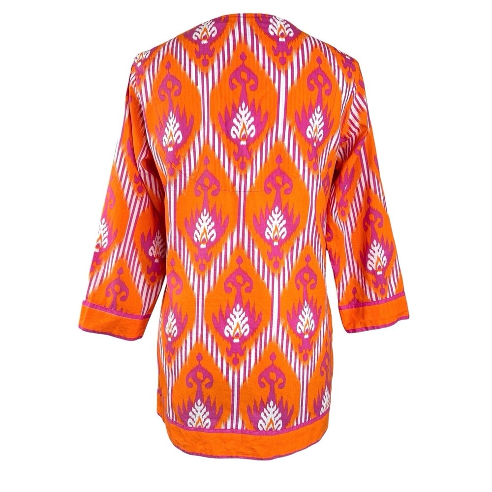 Gretchen Scott Top M Orange Purple Ikat Batik V Neck Cotton Resort Tunic - Picture 6 of 14